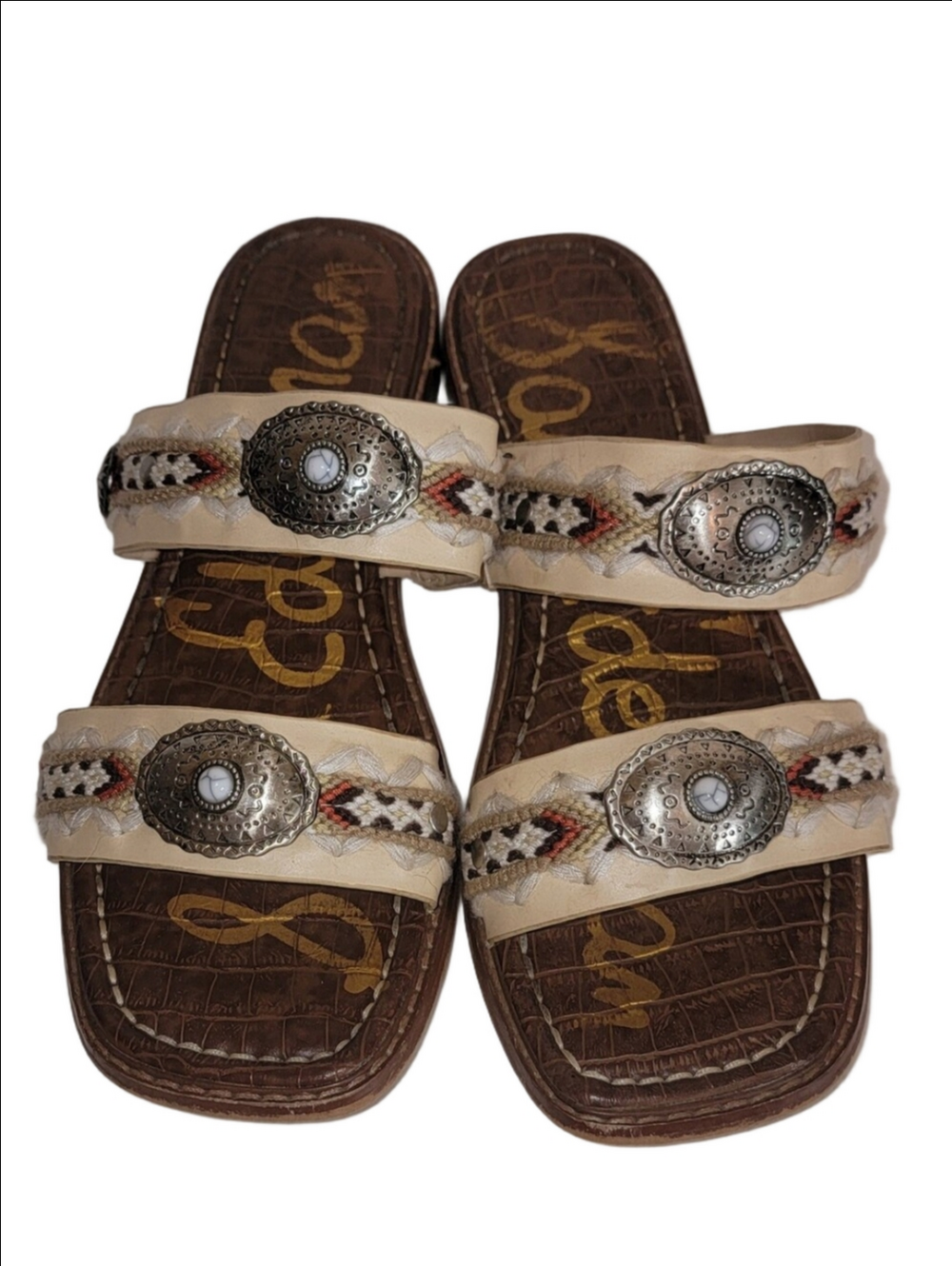 Sam Edelman "Hardyn" Cream Double-Strap Slide Sandals with Silver Conchos Sz 8